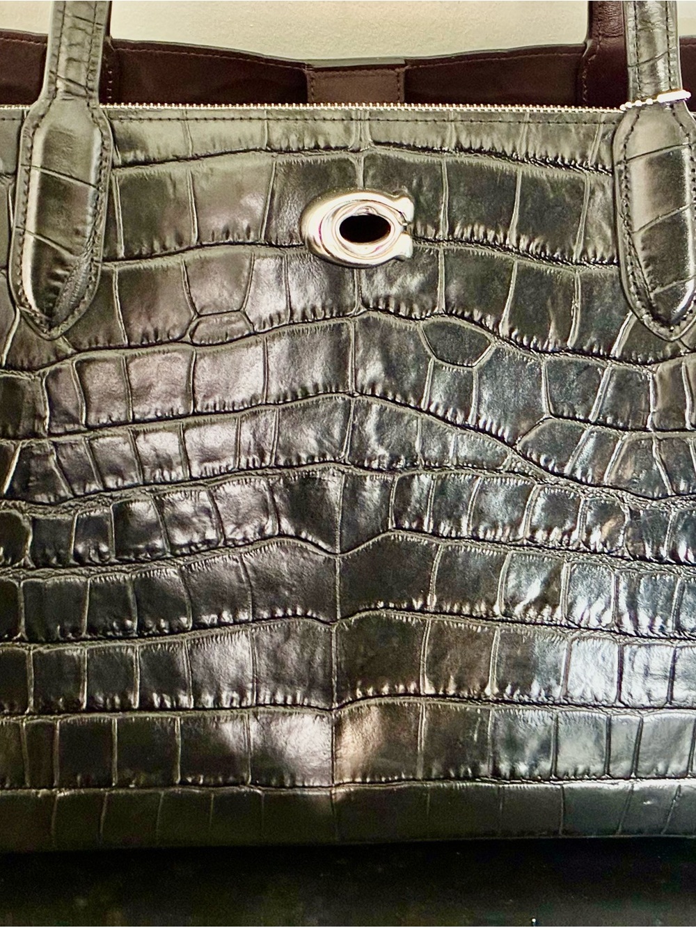 Coach Black Croc-Embossed Leather Maggie Tote with Silver Hardware - Picture 4 of 12